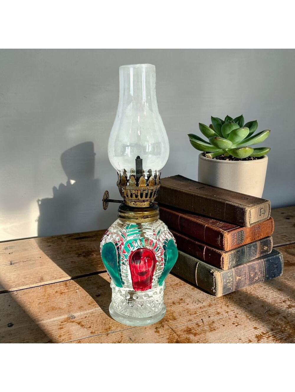 Vintage Hong Kong Red Green Clear Glass Finger Oil Lamp Hurricane Chimney 8.25”